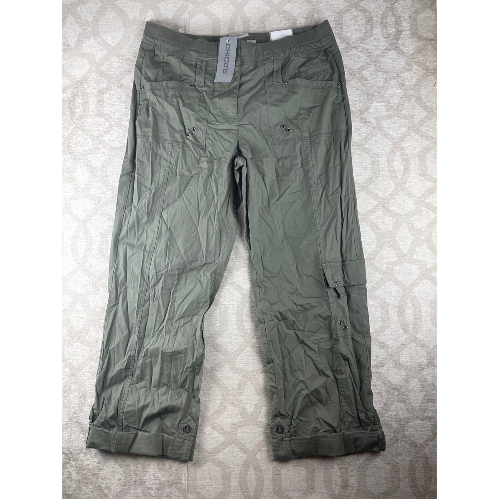 Chico's Cool Cargo Sidney Pant Women Size 1 M Green NWT Fatigue Stretch Utility